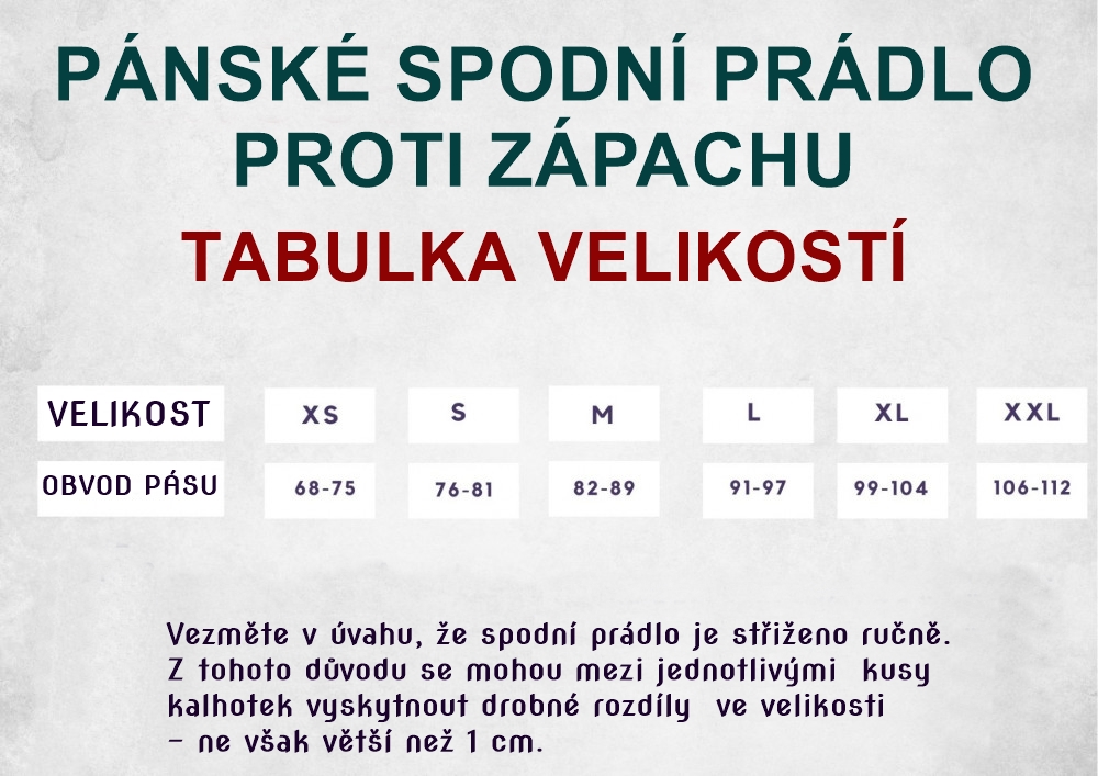 tabulka velikostí pánského spodního prádla s neutralizací zápachu