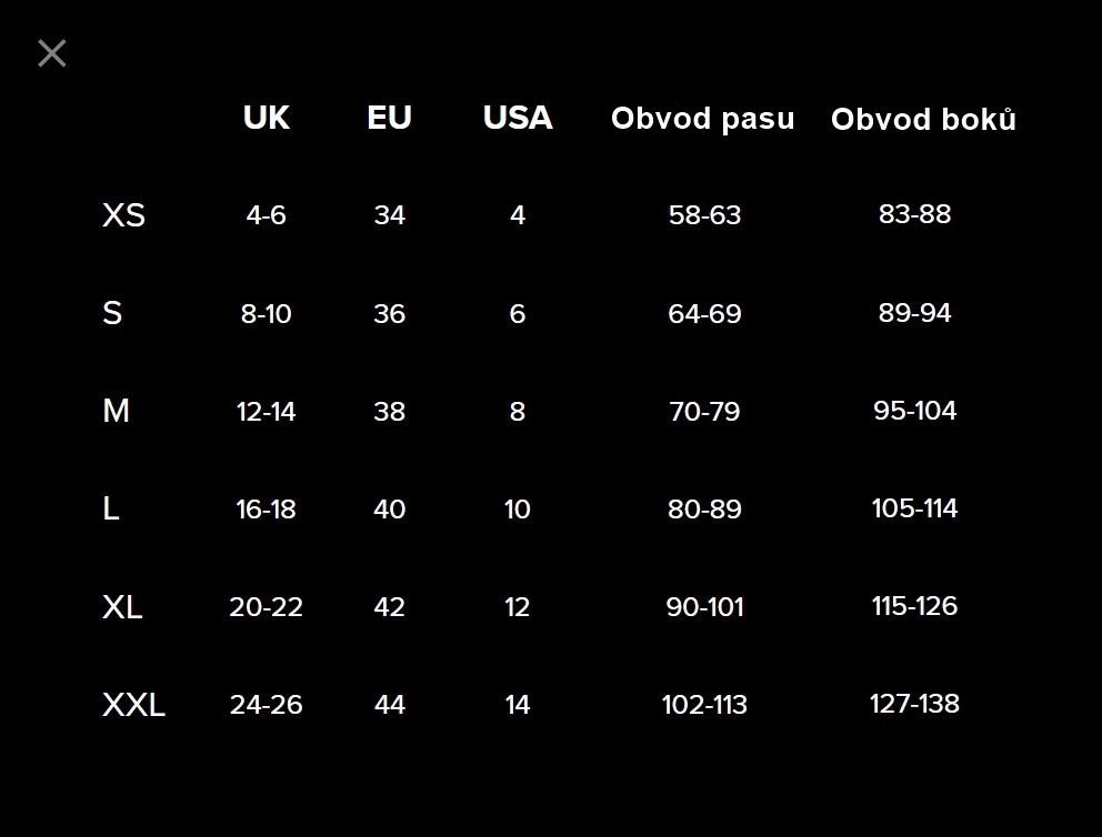 Dámské dlouhé trenýrky na prdeni Tabulka velikostí